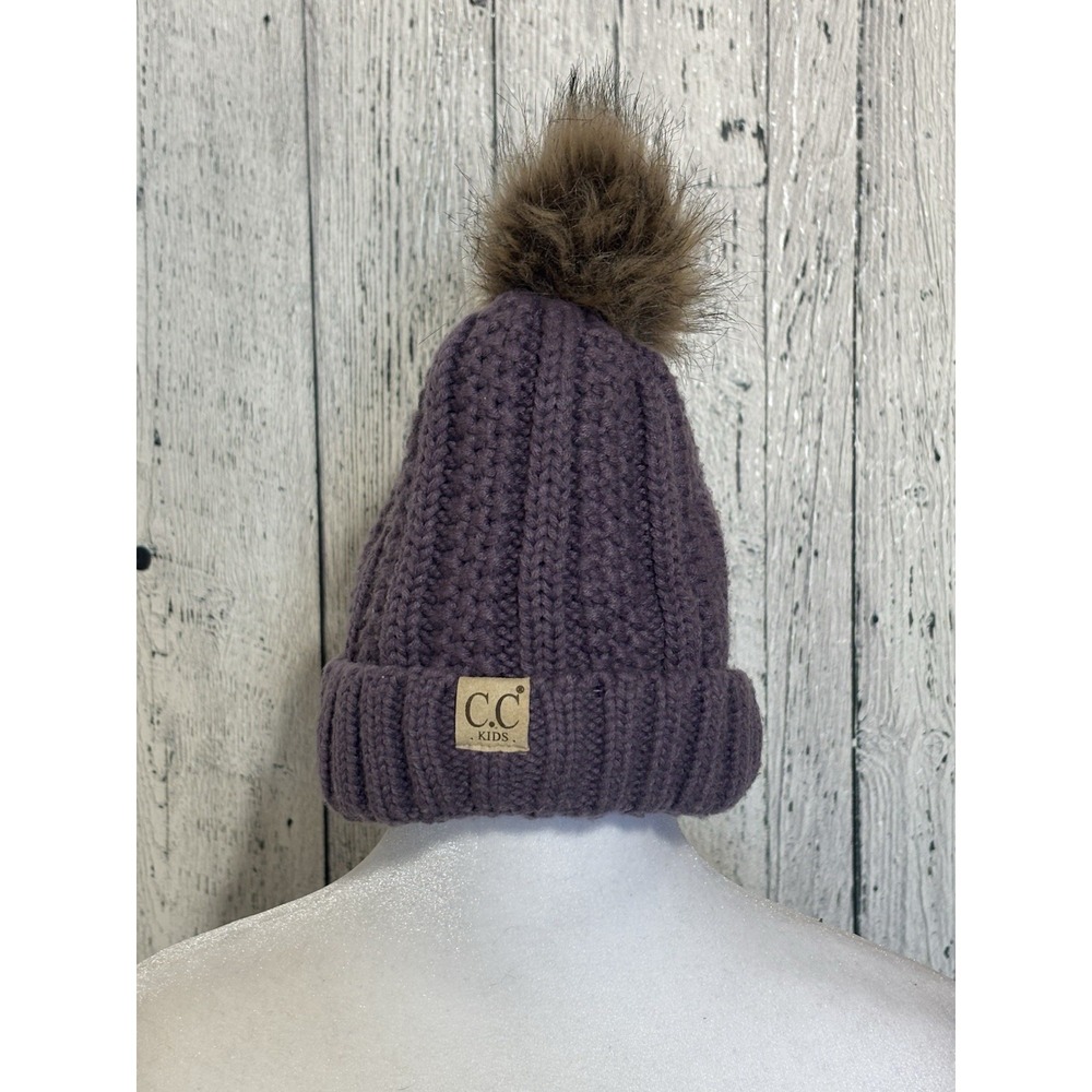 C.C Kids Purple Beanie with Faux Fur Pom-Pom Winter Hat One Size